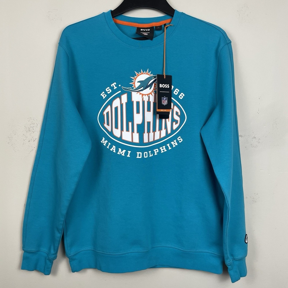 NEW Hugo Boss‎ Miami Dolphins Sweatshirt Mens Large NFL Football Crewneck Blue